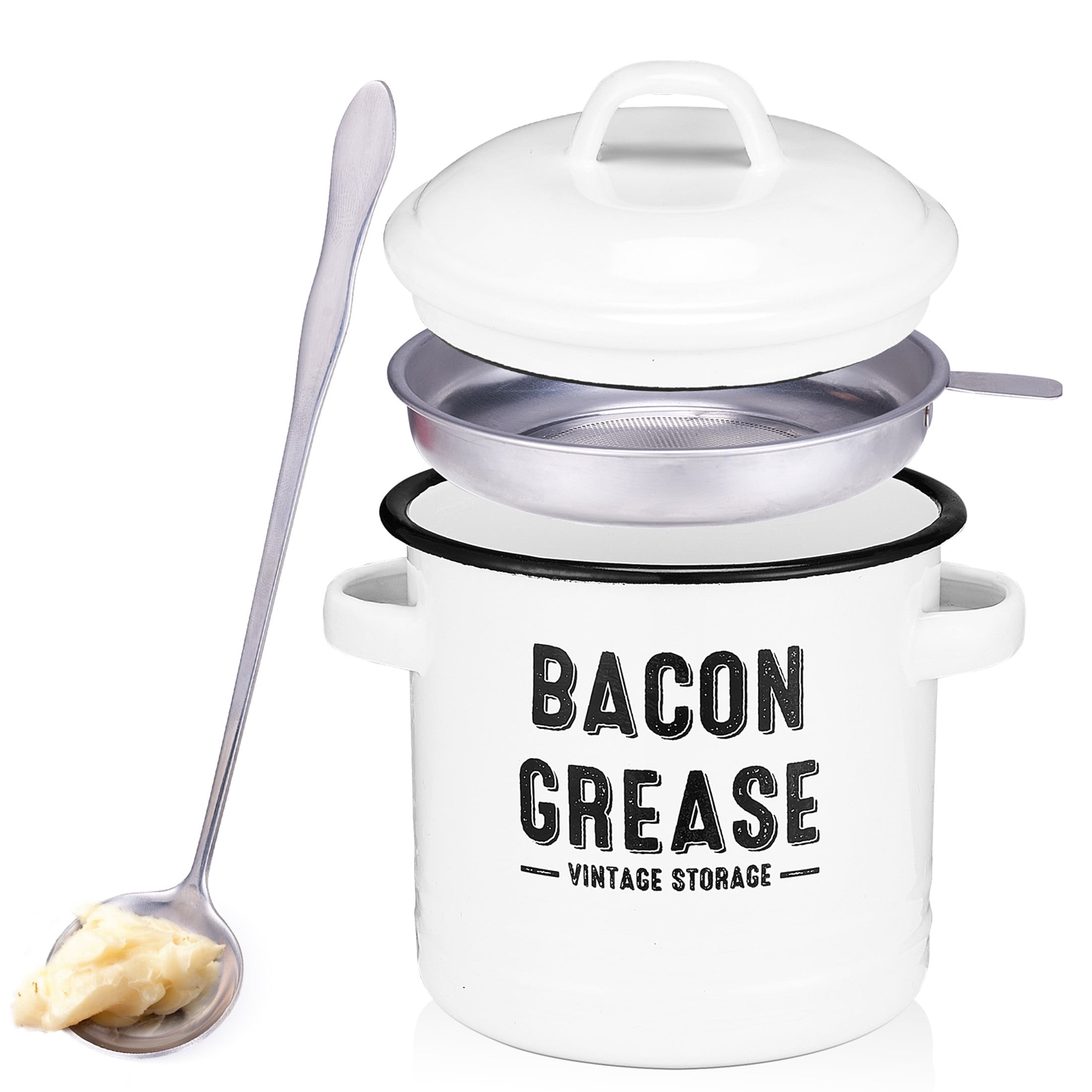 ENOKING Bacon Grease Saver with Strainer, 46oz Enamel Grease Keeper Container with Spoon, Dishwasher Safe, White